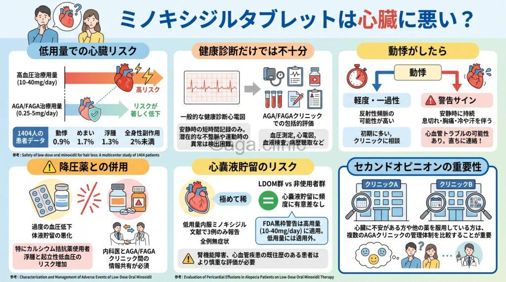 「ミノキシジルタブレットは心臓に悪い？循環器系への影響と注意すべき症状」というタイトル記事を要約した当サイトのオリジナル解説イラスト