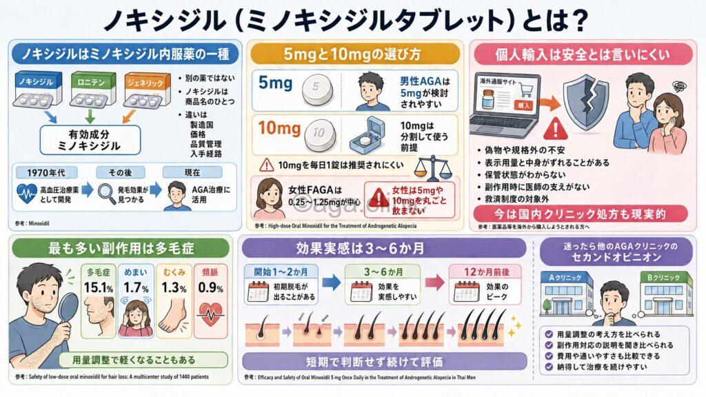「ノキシジル（ミノキシジルタブレット）とは？5mg・10mgの特徴と他製品との違い」というタイトル記事を要約した当サイトのオリジナル解説イラスト