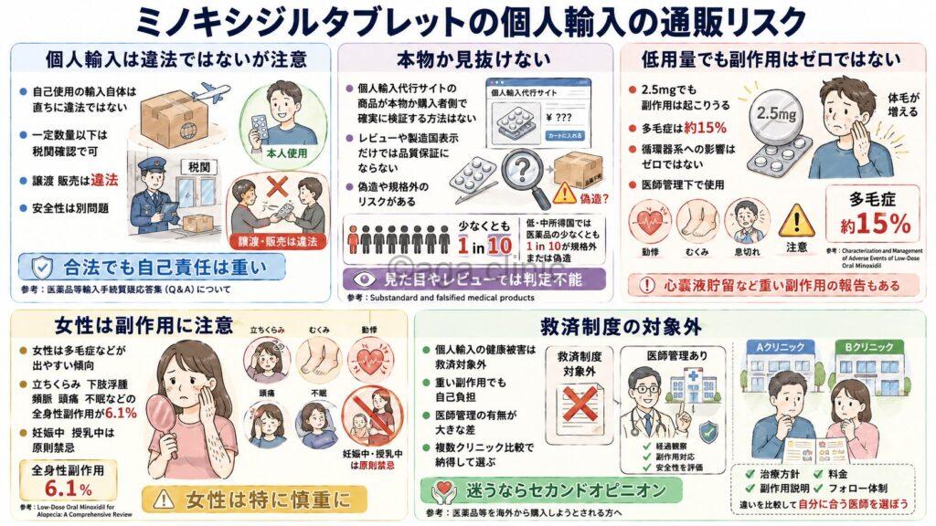 「ミノキシジルタブレット個人輸入の通販リスク｜オオサカ堂・アイドラッグストアーなど」というタイトル記事を要約した当サイトのオリジナル解説イラスト