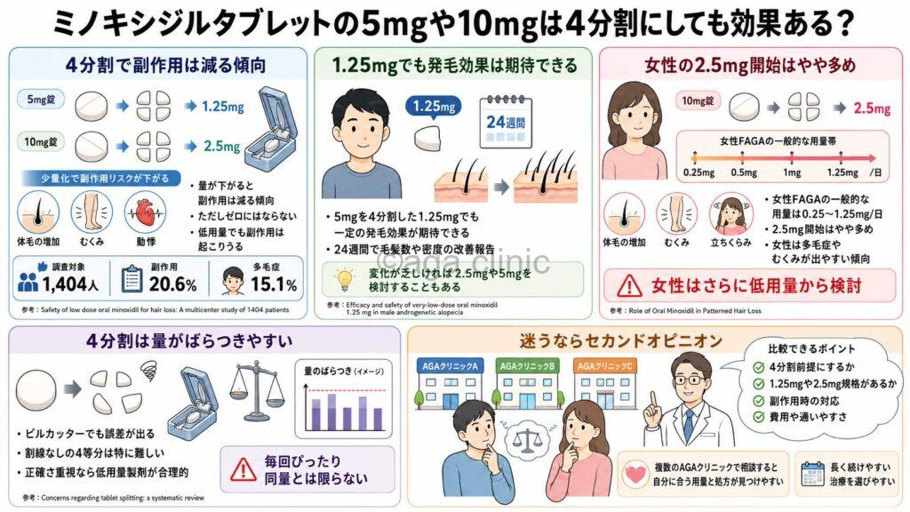 「ミノキシジルタブレットの5mgや10mgは4分割にしても効果ある？」というタイトル記事を要約した当サイトのオリジナル解説イラスト