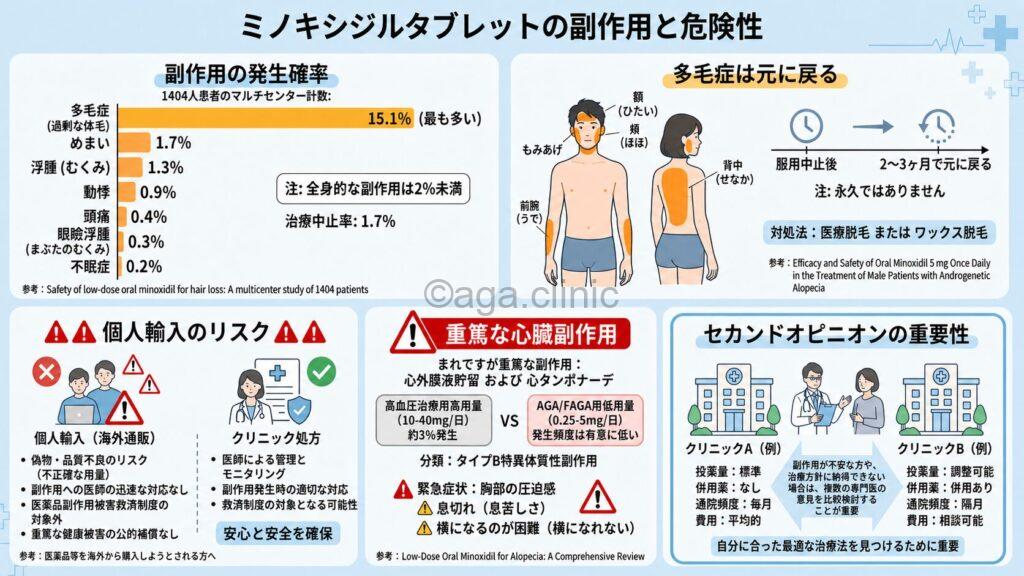 「ミノキシジルタブレットの副作用と危険性｜頭痛・むくみ・体毛増加などの発症確率」というタイトル記事を要約した当サイトのオリジナル解説イラスト
