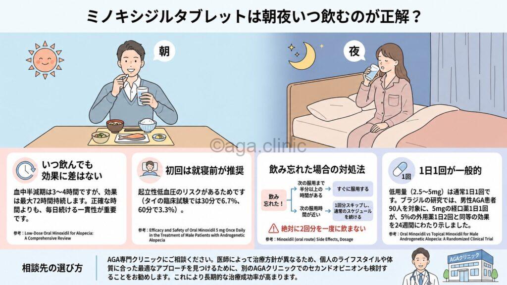 「ミノキシジルタブレットは朝夜いつ飲むのが正解?飲み忘れを防ぐ服用方法」というタイトル記事を要約した当サイトのオリジナル解説イラスト