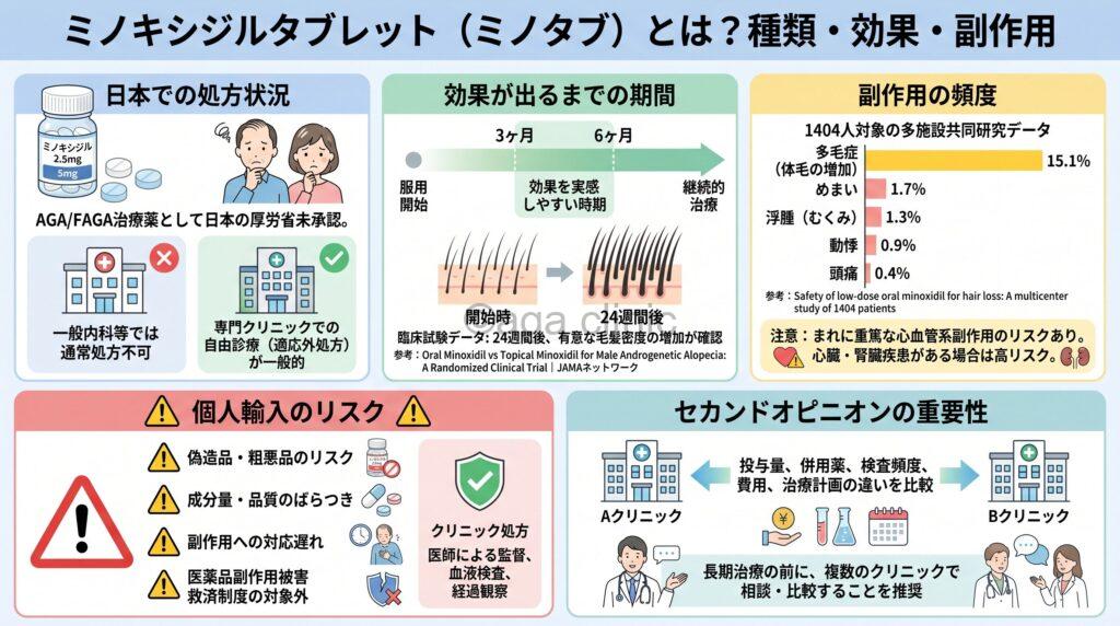 「ミノキシジルタブレット(ミノタブ)とは?種類・効果・副作用を解説」というタイトル記事を要約した当サイトのオリジナル解説イラスト