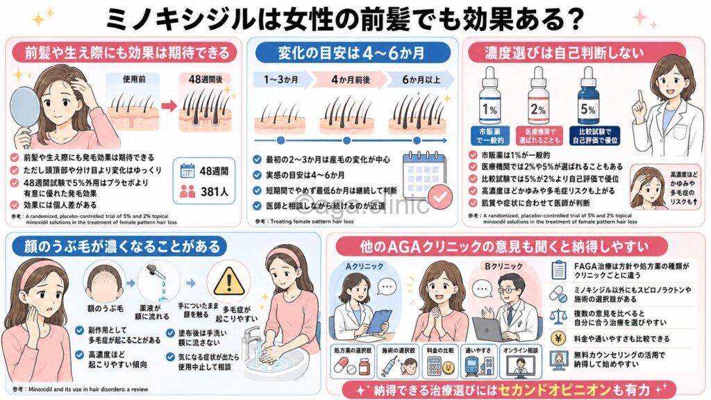 「ミノキシジルは女性の前髪でも効果ある?どのくらいの期間で生えてくるか解説」というタイトル記事を要約した当サイトのオリジナル解説イラスト