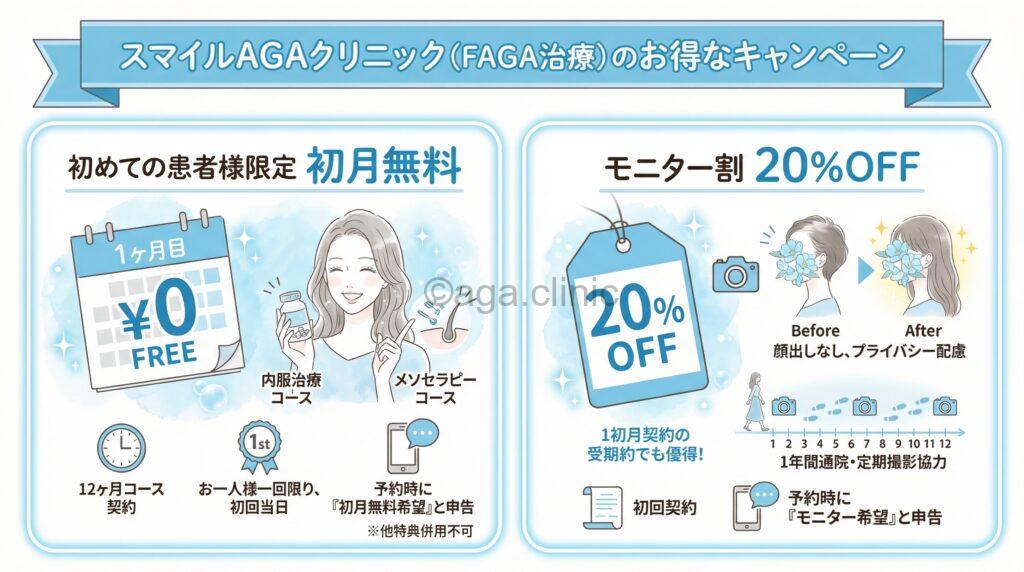 「スマイルAGAクリニック（女性AGA/FAGA）のキャンペーン（クーポン・割引など）情報を徹底解説！」というタイトル記事を要約した当サイトのオリジナル解説イラスト