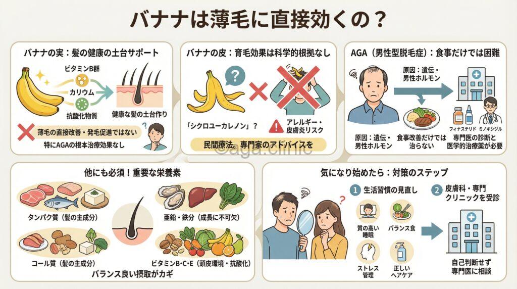 「バナナは薄毛に効果ある?栄養学視点と現実的なAGA治療について解説」というタイトル記事を要約した当サイトのオリジナル解説イラスト