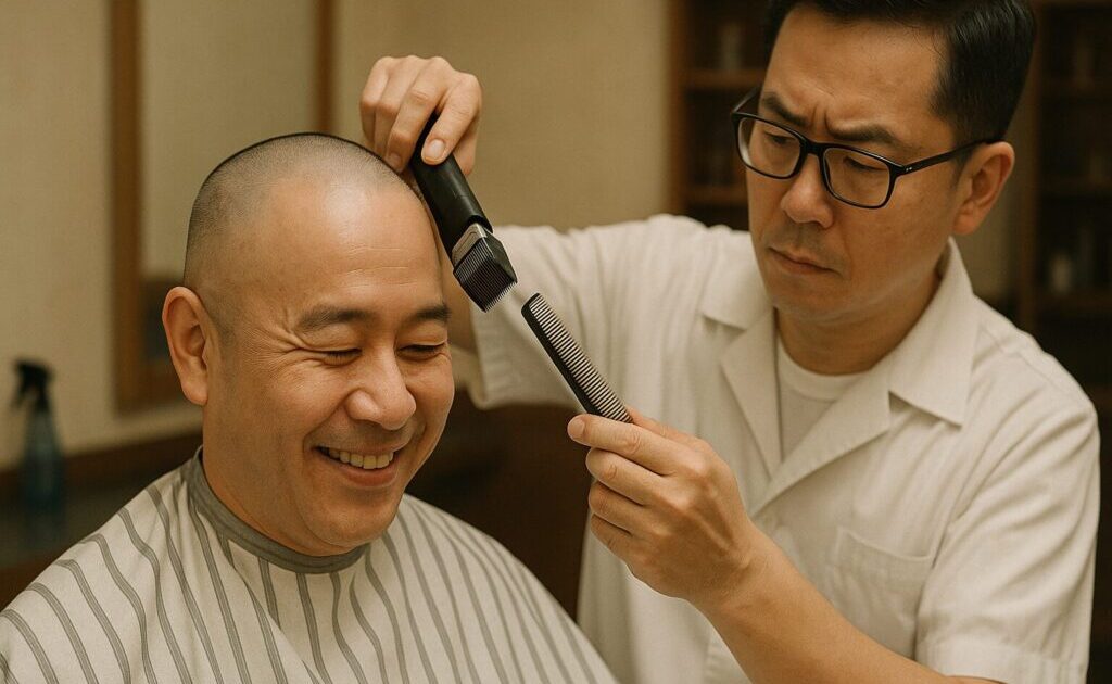 薄毛の男性が床屋で散髪してもらっている