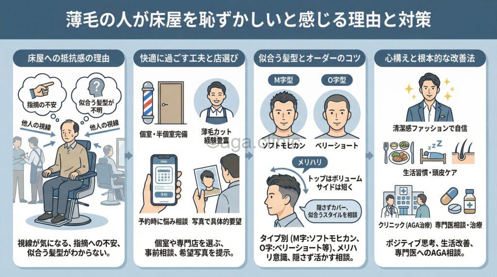 「薄毛で床屋に行くのが恥ずかしい時の対策法!AGA治療でもう怖くない」というタイトル記事を要約した当サイトのオリジナル解説イラスト