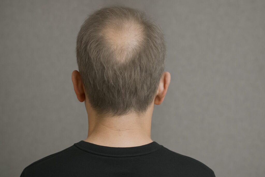 後頭部が薄いアッシュ系カラーの男性