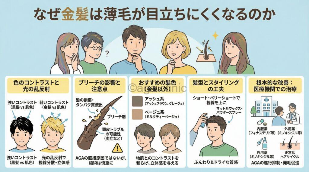 「金髪だと薄毛は目立たない？薄毛が目立たない髪色一覧！AGA治療も視野に」というタイトル記事を要約した当サイトのオリジナル解説イラスト