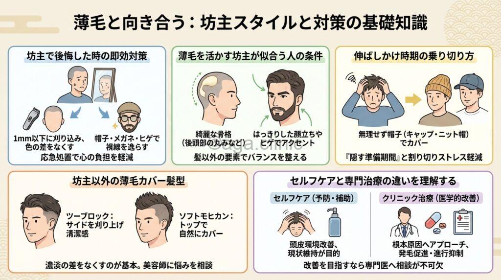坊主にしたら薄毛が目立ってしまいスカスカで後悔している男性