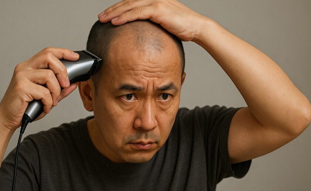 薄毛の男性が自分でバリカンで剃っている様子
