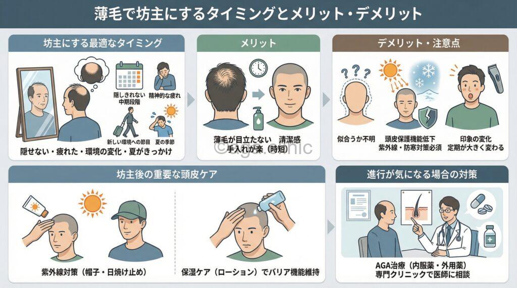 「薄毛の人が坊主にするベストタイミングとは？メリット・デメリットも解説」というタイトル記事を要約した当サイトのオリジナル解説イラスト