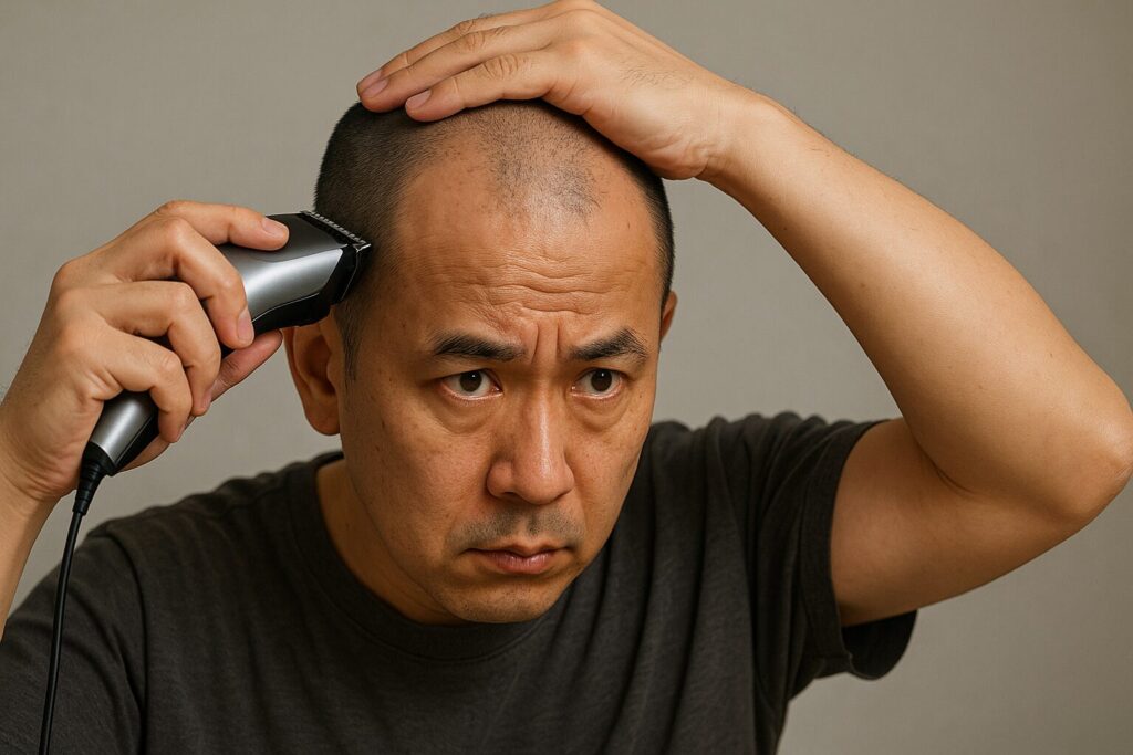 薄毛の男性が自分でバリカンで剃っている様子
