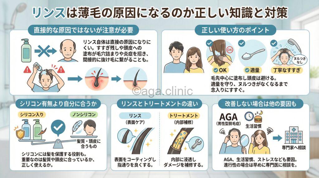 「リンスすると薄毛になる?正しいケアとAGAのサインを見逃さない方法」というタイトル記事を要約した当サイトのオリジナル解説イラスト