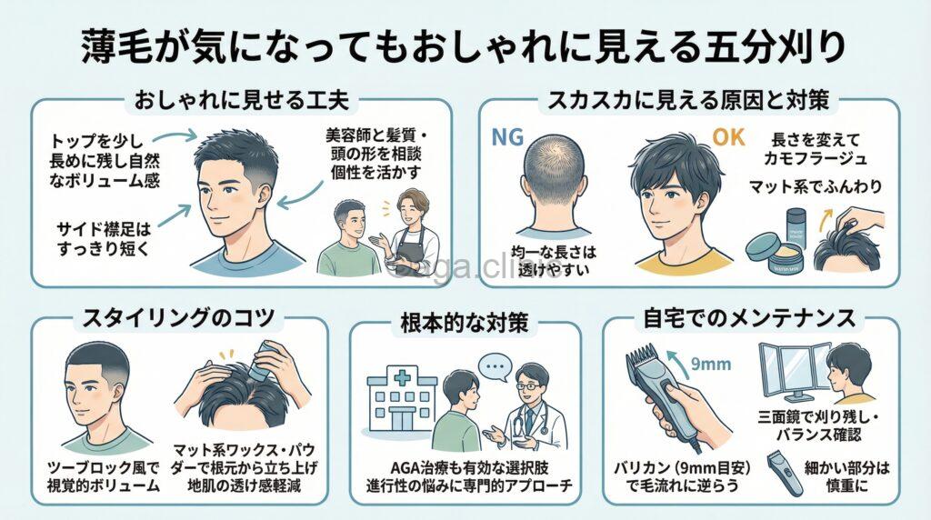 「五分刈りで薄毛は目立つ？AGA治療で根本的に解決し好きな髪型にしよう」というタイトル記事を要約した当サイトのオリジナル解説イラスト