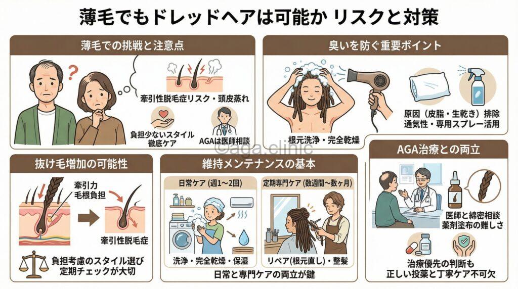 「薄毛でもドレッドヘアは可能？抜け毛・臭い対策・AGA治療など解説」というタイトル記事を要約した当サイトのオリジナル解説イラスト