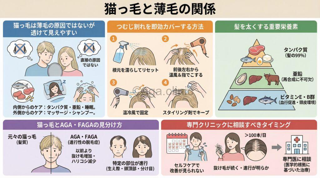 「猫っ毛だと薄毛になりやすい?つむじ割れの解決方法や太くする方法」というタイトル記事を要約した当サイトのオリジナル解説イラスト