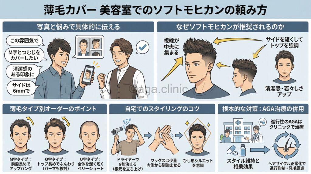 「薄毛の男性がソフトモヒカンにしてもらう時の頼み方とは?AGA治療もしよう」というタイトル記事を要約した当サイトのオリジナル解説イラスト