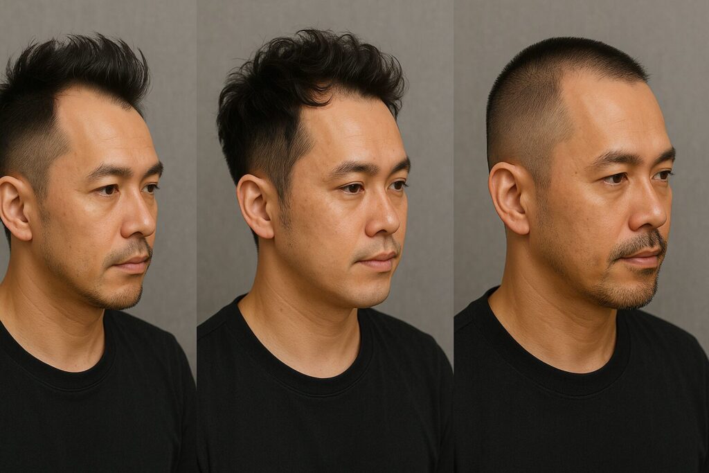 ソフトモヒカンにしている薄毛男性3名