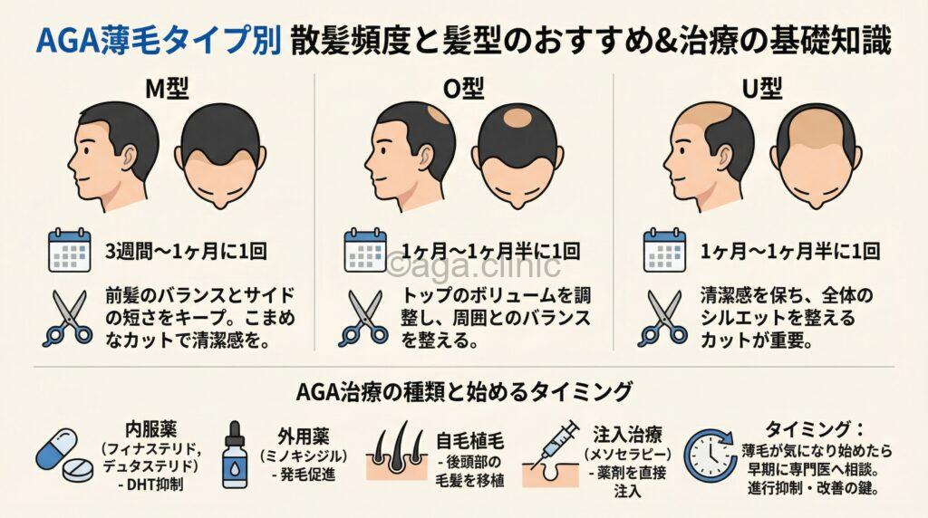 「薄毛の散髪に行く頻度はどれくらい良い?M字・O字・U字型別に解説」というタイトル記事を要約した当サイトのオリジナル解説イラスト