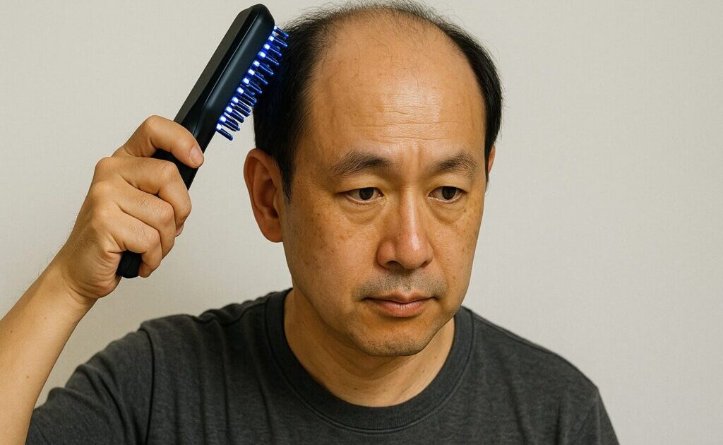 電気バリブラシを使用している薄毛男性