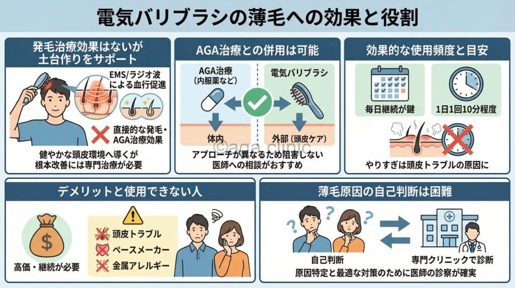 「電気バリブラシは薄毛の男性に効果ある?仕組みとAGAへの影響」というタイトル記事を要約した当サイトのオリジナル解説イラスト