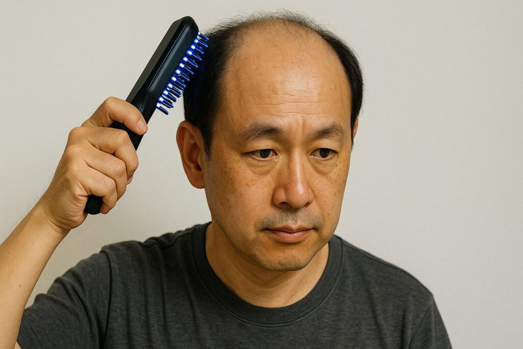 電気バリブラシを使用している薄毛男性