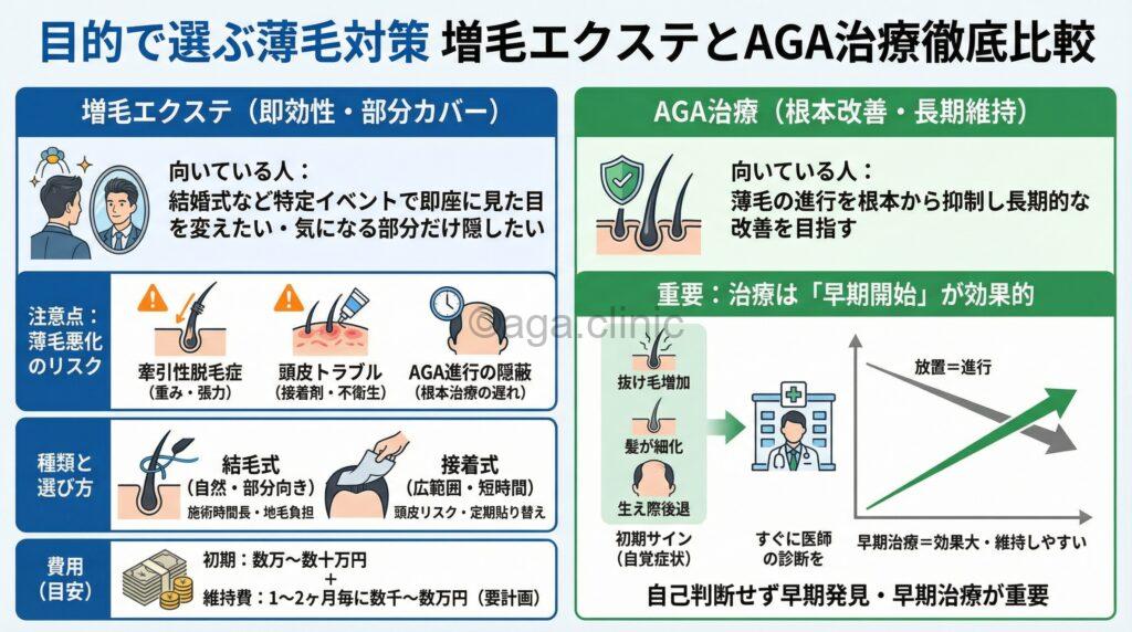 「薄毛男性の増毛エクステのメリット・デメリット｜根本的解決法とは？」というタイトル記事を要約した当サイトのオリジナル解説イラスト