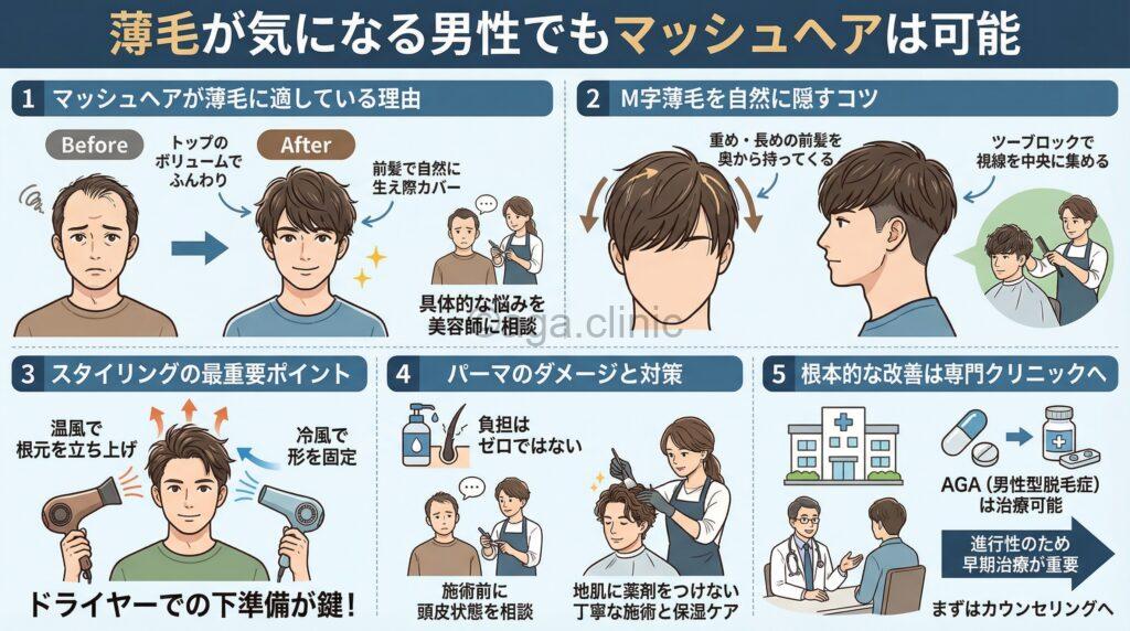 「薄毛の男性はマッシュヘアにしても大丈夫?似合わせるコツとAGA対策法」というタイトル記事を要約した当サイトのオリジナル解説イラスト