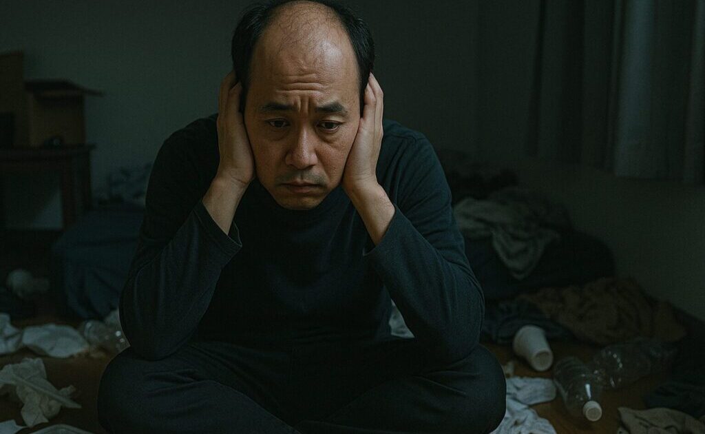 薄毛の男性が部屋に引きこもっている