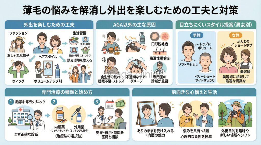 「薄毛で外に出たくない…AGA治療し引きこもりから脱出しよう」というタイトル記事を要約した当サイトのオリジナル解説イラスト