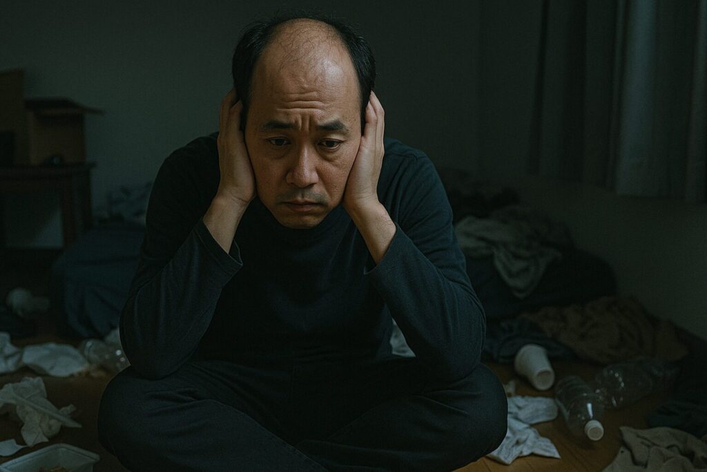 薄毛の男性が部屋に引きこもっている