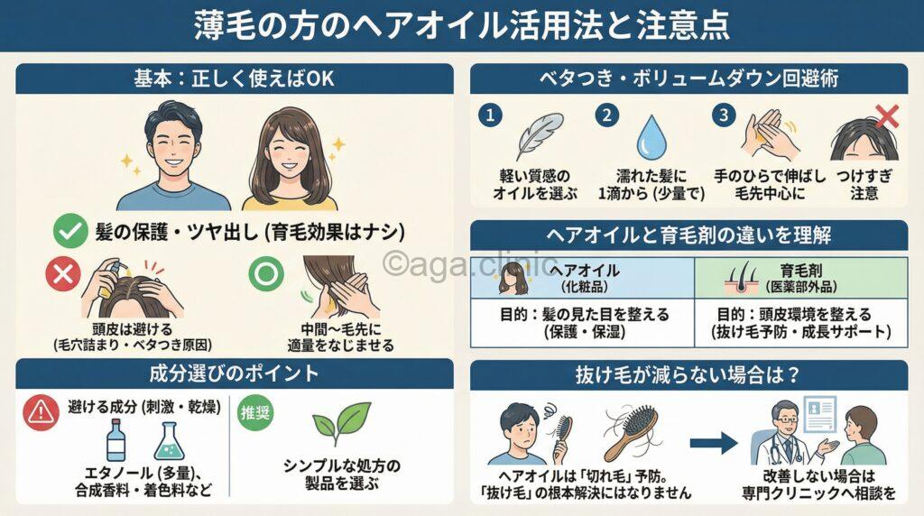 「薄毛のヘアオイル使用で抜け毛防止や育毛効果はある?正しい増やし方」というタイトル記事を要約した当サイトのオリジナル解説イラスト