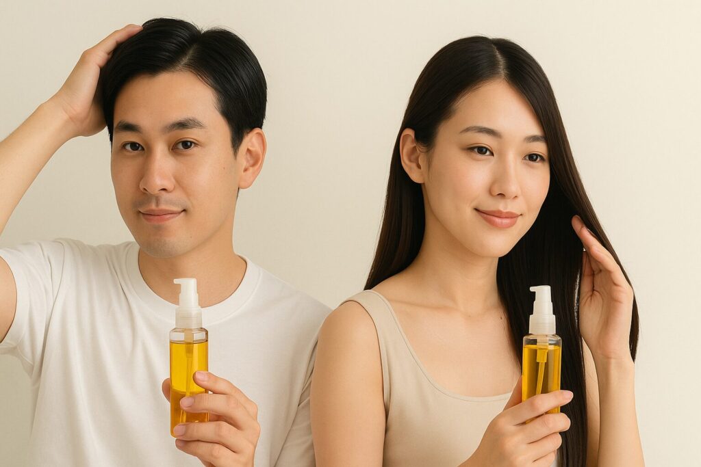 髪にヘアオイルをつけている男女