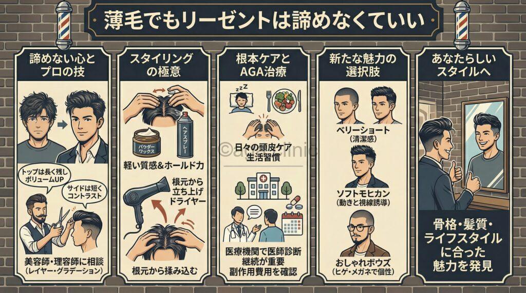 「薄毛でリーゼントができなくなった…諦める前に知っておきたい対策方法」というタイトル記事を要約した当サイトのオリジナル解説イラスト