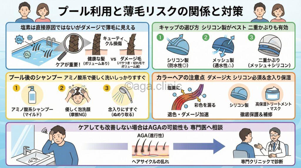 「【プールの薄毛対策まとめ】塩素から髪を守る方法とAGA対策を徹底解説」というタイトル記事を要約した当サイトのオリジナル解説イラスト