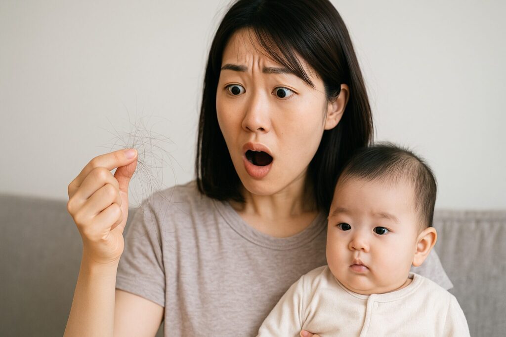 片手で生後6ヶ月ほどの赤ちゃんを抱えた女性が抜けた毛を見てびっくりしている様子