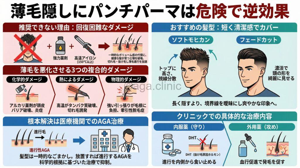 「薄毛の人がパンチパーマにすれば目立たなくなる？危険性とAGA治療で対策しよう」というタイトル記事を要約した当サイトのオリジナル解説イラスト