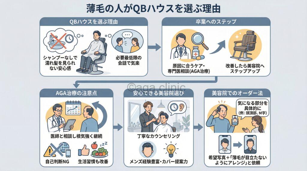 「薄毛を改善しQBハウスから卒業!美容院へステップアップする方法」というタイトル記事を要約した当サイトのオリジナル解説イラスト