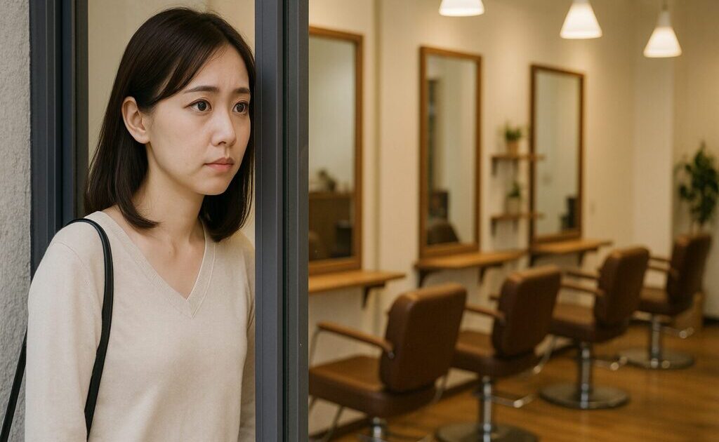 美容室を外から眺めている女性