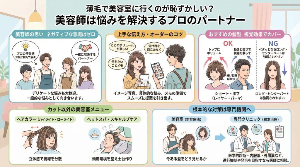「薄毛で恥ずかしいので美容室に行きづらい…美容師はどう思う?解決法」というタイトル記事を要約した当サイトのオリジナル解説イラスト