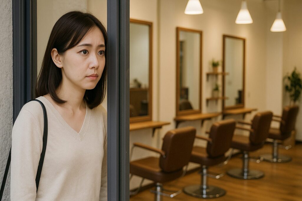 美容室を外から眺めている女性