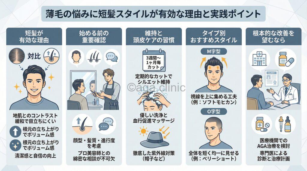 「薄毛の男性は短髪の方がいい？自信が持てる短髪スタイル集とAGA対策」というタイトル記事を要約した当サイトのオリジナル解説イラスト