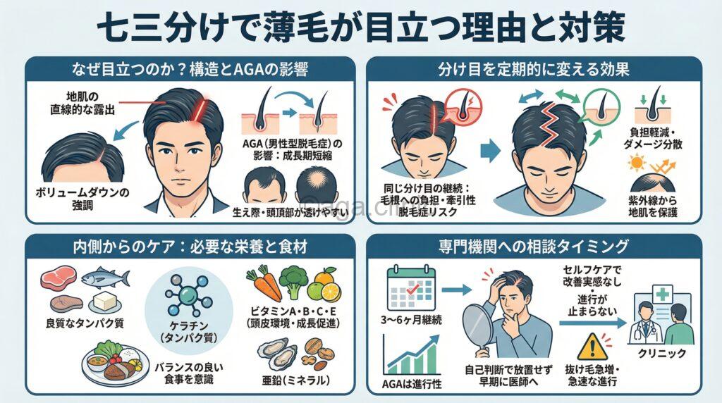 「【七三分けの薄毛】生活習慣それともAGA？原因別ケアや専門治療」というタイトル記事を要約した当サイトのオリジナル解説イラスト