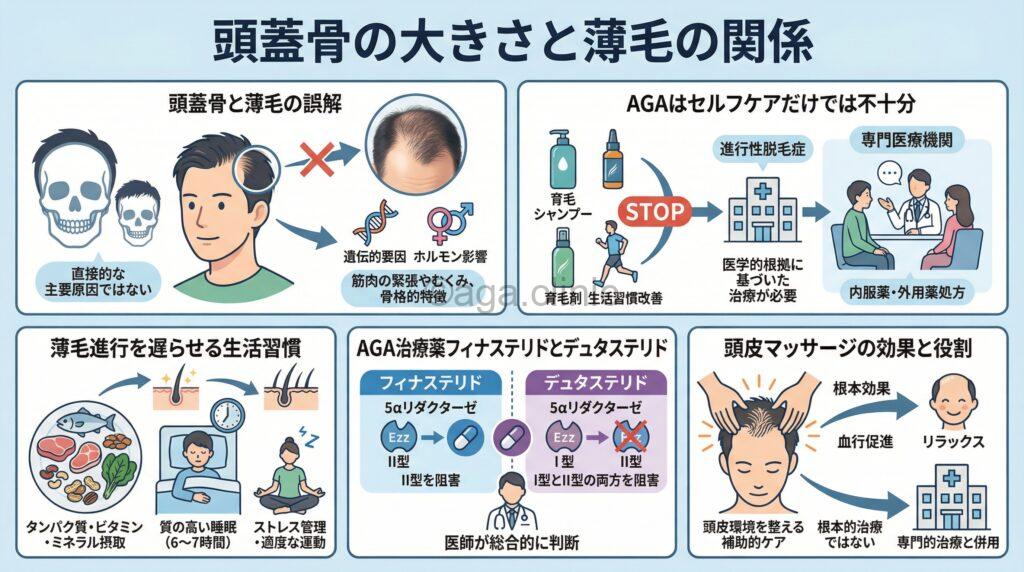 「頭蓋骨肥大は薄毛になりやすい?誤解と真実&根本原因と改善方法」というタイトル記事を要約した当サイトのオリジナル解説イラスト