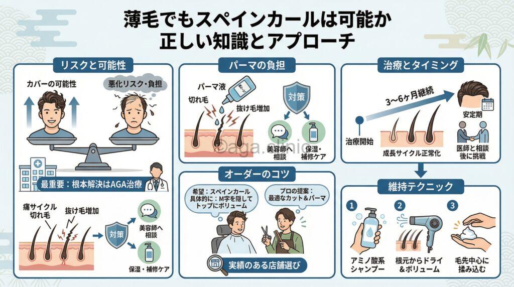 「薄毛の男性がスペインカールにしても問題ない？まずはAGA治療しよう」というタイトル記事を要約した当サイトのオリジナル解説イラスト
