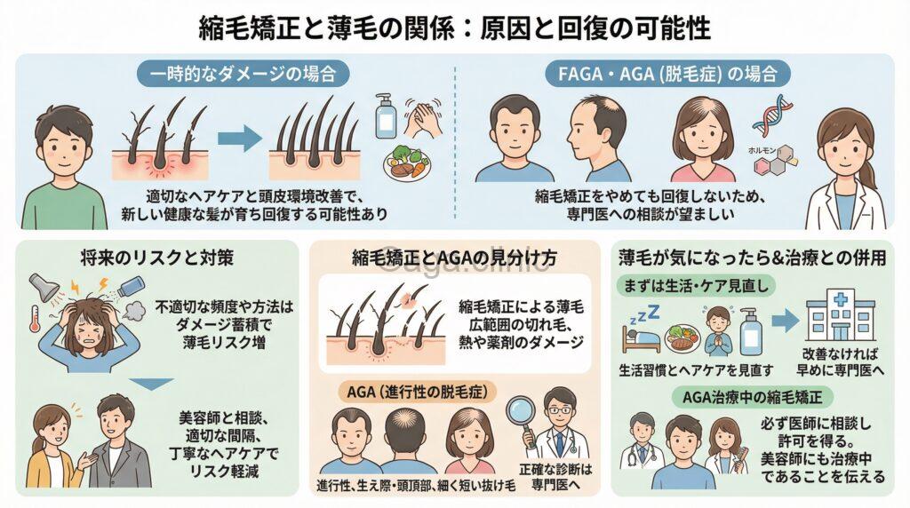 「縮毛矯正が原因の薄毛は回復する？原因と対策、AGAの可能性まで解説」というタイトル記事を要約した当サイトのオリジナル解説イラスト