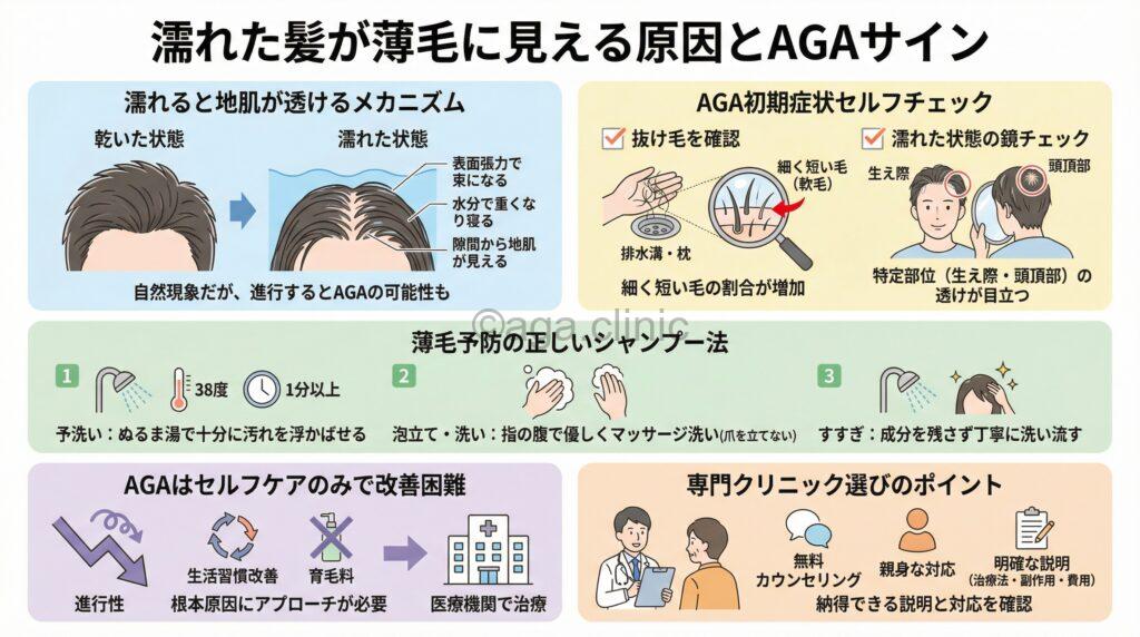 「濡れた時に薄毛に見えるのはなぜ?放置すると危険なサインと正しい対処法」というタイトル記事を要約した当サイトのオリジナル解説イラスト