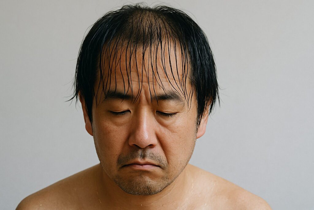 濡れた時に髪の毛が薄毛になっている男性